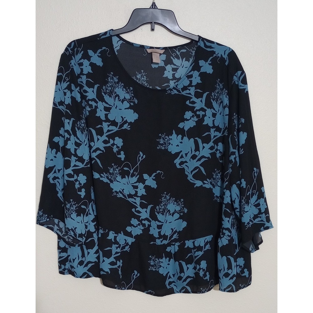 HM+ Womens Plus Size 24 Floral Blouse Black Teal Blue 3/4 Bell Sleeve Peplum Top